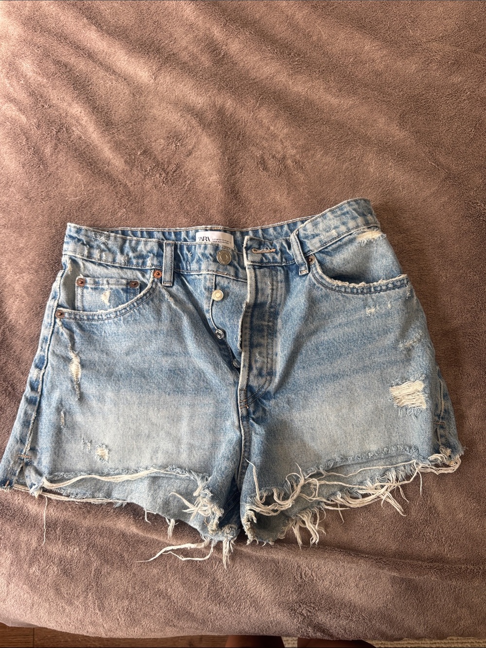 Zara Light Wash Distressed Frayed Denim Shorts